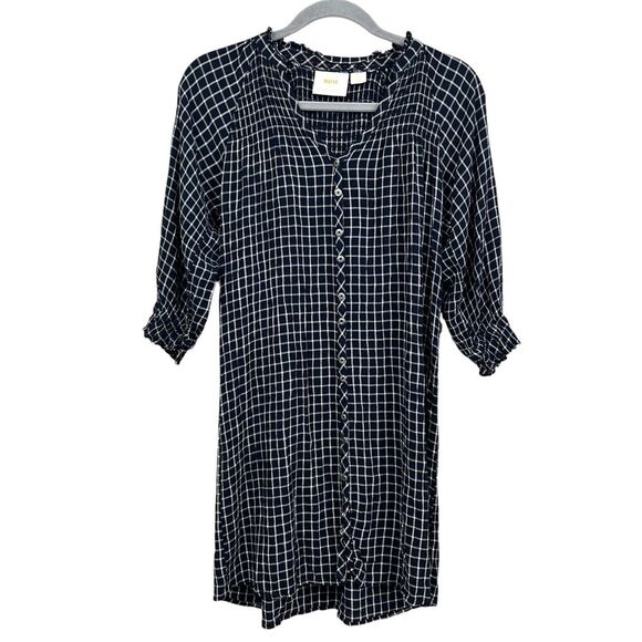 Anthropologie Maeve‎ Womens Plaid Dress Ruffled V Neck Long Sleeve Navy Sz XXSP - Picture 1 of 5